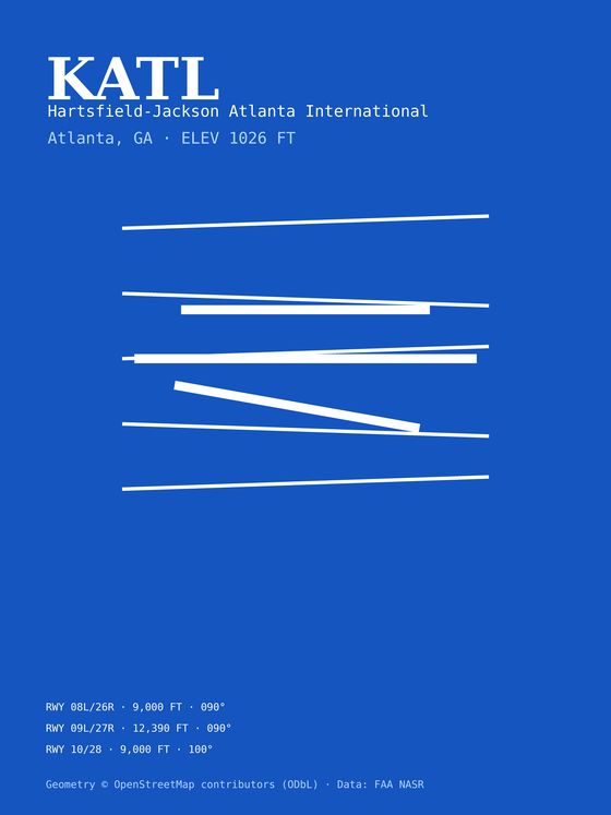 Cleared Direct print of Atlanta Hartsfield-Jackson in a blueprint colourway: runway and taxiway geometry drawn as fine pale lines on a dark ground.