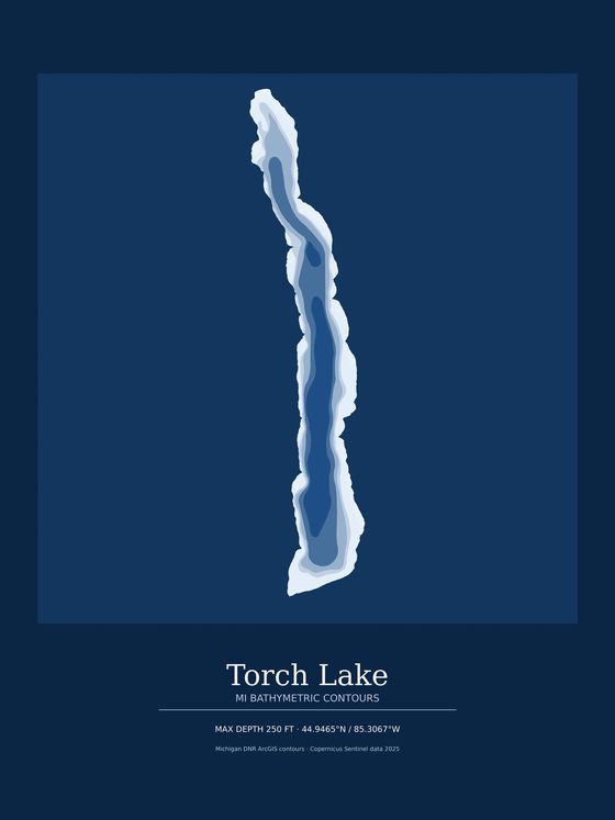 LakeLines print of Torch Lake, Michigan: nested pale blue depth contours on a deep navy ground, with a spec plate giving max depth and coordinates.