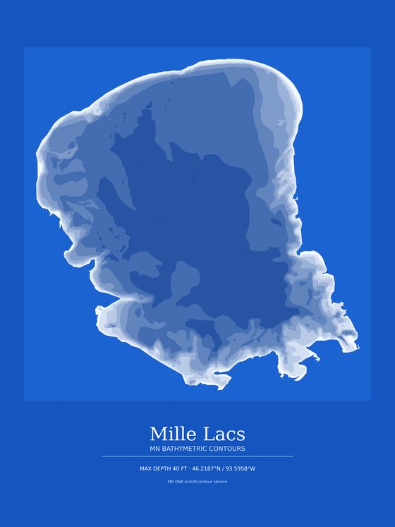 LakeLines print of Mille Lacs, Minnesota, in the blueprint colourway: white depth contours on a blue ground.